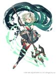  1girl :d absurdres boots breasts crystal dress elbow_gloves eyebrows_visible_through_hair full_body gloves green_dress green_hair hair_ornament hairclip highres holding holding_spear holding_weapon horns ji_no little_match_girl_(sinoalice) looking_at_viewer official_art open_mouth polearm red_eyes scarf short_hair single_horn sinoalice small_breasts smile solo spear square_enix thigh-highs thigh_boots weapon white_background 