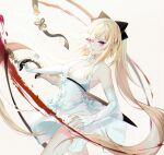  1girl asymmetrical_gloves bangs bare_shoulders blonde_hair blood bow breasts commentary drag-on_dragoon drag-on_dragoon_3 dress elbow_gloves fingerless_gloves flower flower_eyepatch gloves hair_bow highres holding holding_sword holding_weapon kiwi_(pixiv6429539) long_hair looking_at_viewer medium_breasts pink_eyes pink_flower sidelocks single_fingerless_glove sleeveless sleeveless_dress solo standing sword twintails very_long_hair weapon white_dress white_gloves zero_(drag-on_dragoon) 