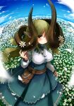  159cm 1girl animal_ears belt belt_pouch blue_nails blue_neckwear blue_ribbon blue_skirt blue_sky blush brown_belt brown_eyes closed_mouth curled_up day field fingernails fisheye flower flower_field gran-chan_(159cm) green_hair hand_up high-waist_skirt horn_flower horns huge_horns long_hair long_sleeves looking_at_viewer nail_polish neck_ribbon one_eye_covered original outdoors pouch ribbon shirt skirt sky smile solo standing white_flower white_shirt 