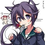  2girls akebono_(kancolle) animal_ears bell blue_sweater cat_day cat_ears commentary_request fang fish flower hair_bell hair_flower hair_ornament jingle_bell kantai_collection long_hair mouth_hold multiple_girls paw_pose purple_hair sazanami_(kancolle) school_uniform serafuku side_ponytail simple_background skin_fang solo_focus sweater takahiro_(rikky) upper_body very_long_hair violet_eyes white_background 