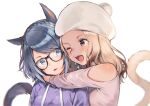  2girls ;d animal_ears bare_shoulders beanie black-framed_eyewear black_hair blue_eyes braid brown_eyes cat_ears cat_girl cat_tail clothing_cutout commentary crown_braid drawstring fang final_fantasy final_fantasy_xiv glasses hat hood hood_down hoodie hug light_brown_hair midorikawa_you miqo&#039;te multiple_girls one_eye_closed open_mouth original purple_hoodie shirt shoulder_cutout simple_background smile symbol_commentary tail tail_raised upper_body whisker_markings white_background white_headwear white_shirt 