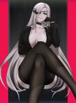  1girl alchemist_(girls_frontline) bangs black_choker black_gloves black_legwear black_suit breasts business_suit choker collarbone crossed_legs eyebrows_visible_through_hair eyepatch formal girls_frontline gloves grey_hair hand_on_head highres large_breasts long_hair looking_at_viewer sangvis_ferri simple_background sitting smile smirk solo suit thigh-highs thighs yellow_eyes youjja 