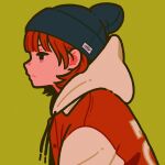  1girl absurdres beanie black_headwear brown_hair drawstring hat highres hood hood_down original profile short_hair simple_background solo upper_body yellow_background yoshi_mi_yoshi 