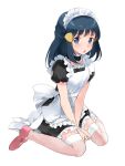  1girl aisu_(icicleshot) alternate_costume apron bangs between_legs black_shirt black_skirt blue_eyes blue_hair blush braid chestnut_mouth hikari_(pokemon) enmaided frilled_skirt frills full_body hair_ornament hairclip hand_between_legs long_hair looking_at_viewer maid maid_headdress miniskirt pink_legwear pokemon pokemon_(game) pokemon_dppt shiny shiny_hair shirt short_sleeves simple_background sitting skirt solo thigh-highs wariza white_apron white_background zettai_ryouiki 