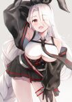  1girl anchor_symbol animal_ears armpits azur_lane bangs bare_shoulders black_skirt breasts collared_shirt crop_top detached_sleeves eric_(tianqijiang) eyebrows_visible_through_hair eyes_visible_through_hair fake_animal_ears grey_background hair_between_eyes hair_over_one_eye hair_ribbon hand_on_thigh highres large_breasts long_hair long_sleeves looking_at_viewer necktie one_eye_closed open_mouth parted_bangs pleated_skirt prinz_heinrich_(azur_lane) rabbit_ears red_eyes ribbon shirt silver_hair simple_background skirt sleeveless sleeveless_shirt solo teeth under_boob very_long_hair white_hair white_shirt 