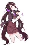  1girl alternate_costume bangs black_hair brown_shorts brown_vest commentary_request cropped_legs dangan_ronpa_(series) dangan_ronpa_v3:_killing_harmony from_side frown hair_ornament hair_scrunchie hairclip hand_up harukawa_maki highres holding holding_hair long_hair long_sleeves looking_at_viewer low_twintails necktie pink_neckwear pink_scrunchie red_eyes scrunchie shirt shorts simple_background solo sparkle twintails very_long_hair vest white_background white_shirt yoshi_taka_(y_04taka) 