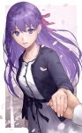  1girl bangs black_jacket breasts dress fate/stay_night fate_(series) hair_ribbon highres holding_hands jacket kouzuki_kei long_hair long_sleeves looking_at_viewer matou_sakura open_mouth petals purple_hair ribbon smile solo_focus violet_eyes white_dress 