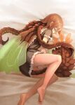  159cm 1girl animal_request bare_legs barefoot bed_sheet black_dress brown_hair closed_eyes curled_up dress from_above from_side hair_between_eyes insect_wings lying medium_hair on_bed on_side original profile short_sleeves sleeping solo tail wings 