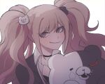  1girl bangs bear_hair_ornament black_choker blue_eyes blush breasts choker collarbone dangan_ronpa:_trigger_happy_havoc dangan_ronpa_(series) enoshima_junko eyebrows_visible_through_hair grey_eyes hair_ornament happy holding kopaen_(komaeda_p) long_hair looking_at_viewer monokuma necktie sharp_teeth shirt simple_background smile teeth twintails upper_body white_background 