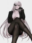  1girl alchemist_(girls_frontline) bangs black_choker black_gloves black_legwear black_suit breasts business_suit choker collarbone crossed_legs eyebrows_visible_through_hair eyepatch formal girls_frontline gloves grey_hair hand_on_head highres large_breasts long_hair looking_at_viewer sangvis_ferri sitting smile smirk solo suit thigh-highs thighs white_background yellow_eyes youjja 