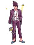  1boy 1other alien bang collarbone collared_shirt commentary_request dangan_ronpa_(series) dangan_ronpa_v3:_killing_harmony facial_hair finger_gun full_body goatee hands_in_pockets jacket leg_hug looking_at_viewer looking_down male_focus momota_kaito open_clothes open_jacket open_shirt pants pink_jacket pink_pants print_shirt purple_footwear purple_jacket purple_pants shirt shoes short_hair simple_background smile spiky_hair standing star_(symbol) star_print ufo white_shirt zoo_(oukakumaku) 
