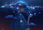  1girl absurdres aki_a0623 blue_eyes clouds glowing highres holding holding_star huge_filesize japanese_clothes kimono light long_hair original profile solo_focus star_(sky) star_(symbol) surreal wavy_hair 