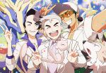  3boys augustine_sycamore blush brown_hair clenched_teeth closed_eyes clouds commentary_request confetti day double_v facial_hair gen_1_pokemon gen_6_pokemon gen_7_pokemon grey_hair hair_bun hand_up kukui_(pokemon) kusuribe labcoat legendary_pokemon long_sleeves lycanroc lycanroc_(midday) male_focus mew multiple_boys mythical_pokemon one_eye_closed open_mouth outdoors parted_lips pokemon pokemon_(creature) pokemon_(game) pokemon_frlg pokemon_sm pokemon_xy purple_shirt samuel_oak shirt sky smile sunglasses teeth tongue v w xerneas 
