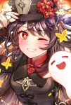  1girl ;d black_headwear blush breasts brown_hair closed_eyes fang flower genshin_impact ghost hand_on_headwear hat highres hu_tao jewelry long_hair nail_polish one_eye_closed open_mouth red_eyes red_nails ring smile symbol-shaped_pupils tamaso teeth top_hat upper_body 