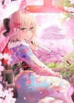  1girl absurdres ahoge bangs black_bow blonde_hair blush bow breasts fate/grand_order fate_(series) floral_print hair_bow half_updo highres huge_filesize japanese_clothes kanniiepan kimono koha-ace large_breasts long_sleeves looking_at_viewer oil-paper_umbrella okita_souji_(fate) okita_souji_(fate)_(all) short_hair smile umbrella wide_sleeves yellow_eyes 