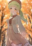  1girl absurdres autumn_leaves bag bangs beret blurry blurry_background blush breasts brown_headwear brown_jacket brown_skirt collared_shirt depth_of_field eyebrows_visible_through_hair green_eyes green_hair grin hat highres holding_strap jacket long_hair long_sleeves looking_at_viewer low_twintails medium_breasts morinaka_kazaki nijisanji open_clothes open_jacket pleated_skirt puffy_long_sleeves puffy_sleeves shirt shoulder_bag skirt smile solo tree twintails virtual_youtuber white_shirt yotsugi 