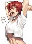  1girl abs absurdres arms_up blush closed_eyes han_soo-min_(hanny) hanny_(uirusu_chan) highres midriff navel open_mouth original redhead shirt short_hair short_sleeves sketch solo white_background white_shirt yawning 