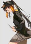  1girl :o alternate_costume bangs bespectacled black_eyes black_hair blush crossover glasses grey_background grey_skirt harry_potter harui_(hr_x9_) head_tilt highres holding holding_wand hololive hololive_english hufflepuff looking_up ninomae_ina&#039;nis open_mouth ponytail school_uniform skirt sleeves_past_wrists solo tentacle_hair tied_hair virtual_youtuber wand 