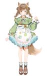  1girl absurdres animal_ear_fluff animal_ears apron bangs brown_eyes brown_footwear brown_hair character_request closed_mouth commentary_request double_bun eyebrows_visible_through_hair fox_ears fox_girl fox_tail frilled_apron frilled_kimono frills full_body green_kimono hand_up highres japanese_clothes kimono long_sleeves looking_at_viewer myusha obi original puffy_long_sleeves puffy_sleeves sash shoes simple_background smile socks solo standing striped tail twintails vertical-striped_kimono vertical_stripes virtual_youtuber waist_apron white_apron white_background white_legwear 