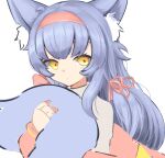  1girl animal_ear_fluff animal_ears closed_mouth commentary english_commentary fox_ears fox_tail hair_ribbon hairband klaius looking_at_viewer original pink_ribbon ribbon simple_background solo tail tail_hug upper_body white_background yellow_eyes 