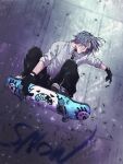  1boy black_gloves black_pants full_body gloves grey_hair highres jumping langa_hasegawa looking_at_viewer male_focus medium_hair midair pants scratches shirt shoes sk8_the_infinity skateboard sneakers solo white_shirt yuzu_hutiao 