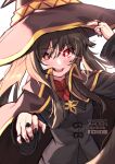  1girl ardenlolo black_nails brown_hair cape cosplay genshin_impact hand_on_headwear hat hu_tao jewelry long_hair long_sleeves looking_at_viewer megumin megumin_(cosplay) nail_polish open_mouth red_eyes ring solo sparkle twintails upper_body watermark witch_hat 