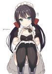  1girl :o ? azur_lane bangs black_dress black_hair black_legwear boots bow breasts dress eyebrows_visible_through_hair feet_out_of_frame frilled_dress frills glasgow_(azur_lane) grey_footwear hair_between_eyes hair_bow highres knees_up long_hair looking_at_viewer low_twintails maid maid_headdress medium_breasts ochinsama panties parted_lips puffy_short_sleeves puffy_sleeves red_bow short_sleeves simple_background solo spoken_question_mark squatting thigh-highs thighhighs_under_boots twintails twitter_username underwear very_long_hair white_background white_panties 