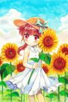  1girl aqua_bow blue_sky blush bow brown_hair clouds cloudy_sky collared_dress copyright_request dress eyebrows_visible_through_hair feet_out_of_frame flower hat hat_bow highres leaf long_hair looking_at_viewer mojacookie red_eyes signature sky sleeveless sleeveless_dress solo sunflower twintails white_dress yellow_flower 