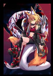  1girl animal_ear_fluff animal_ears bare_shoulders black_choker black_jacket black_legwear black_shirt black_shorts blonde_hair boots choker crop_top crop_top_overhang fox_ears fox_girl fox_tail fur_trim green_eyes highres jacket kokonoe_tsubaki long_hair long_sleeves looking_at_viewer loose_socks midriff multiple_tails navel off_shoulder one_side_up open_clothes open_jacket original polearm red_shirt shirt short_shorts shorts sleeveless sleeveless_shirt snake solo stomach strap tail two_tails weapon yoshizawa_tsubaki 