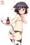  alternate_costume animal_ears animal_print artist_logo ass black_hair blush bottle commentary_request cow_ears cow_horns cow_print cow_tail cowboy_shot dated ear_tag fake_animal_ears fake_horns from_behind highres horns ishigaki_(kancolle) kanon_(kurogane_knights) kantai_collection looking_at_viewer looking_back nose_blush short_hair simple_background standing tail thigh-highs violet_eyes white_background white_legwear 