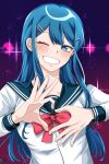  1girl bangs blue_eyes blue_hair blush bow collarbone commentary_request dangan_ronpa:_trigger_happy_havoc dangan_ronpa_(series) grin hair_ornament hairclip heart heart_hands long_hair long_sleeves looking_at_viewer maizono_sayaka motocho_(hyang_new) multicolored multicolored_background one_eye_closed pink_background purple_background red_bow sailor_collar school_uniform serafuku shiny shiny_hair shirt smile solo upper_body white_shirt 