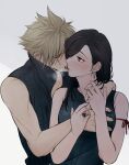  1boy 1girl bangs bare_arms bare_shoulders black_hair black_shirt blonde_hair blush breast_grab closed_eyes cloud_strife collarbone commentary couple earrings final_fantasy final_fantasy_vii frown grabbing grey_background hetero highres hug jewelry khaw_(cloudstdontcare) long_hair looking_at_another open_mouth red_eyes ring shirt short_hair sleeveless spiky_hair tifa_lockhart tongue upper_body white_background 