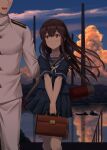  1boy 1girl absurdres admiral_(kancolle) akagi_(kancolle) bag bangs blush boat brown_eyes brown_hair closed_mouth clouds collarbone epaulettes eyebrows_visible_through_hair hand_on_another&#039;s_shoulder handbag highres i-class_destroyer ichikawa_feesu kantai_collection kneehighs long_hair long_sleeves looking_at_another military military_uniform naval_uniform neckerchief outdoors pleated_skirt reflection sailor_collar school_bag school_uniform serafuku shirt short_sleeves skirt sky smile standing sunset uniform water watercraft white_neckwear younger 