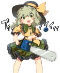  1girl :d bangs blush_stickers chainsaw commentary_request eyebrows_visible_through_hair feet_out_of_frame green_eyes holding holding_chainsaw komeiji_koishi looking_at_viewer open_mouth smile solo standing touhou uisu_(noguchipint) v-shaped_eyebrows 