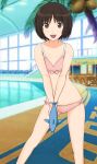  1girl :d amagami bangs bikini blurry blurry_background bob_cut bow bow_bikini brown_eyes brown_hair coconut collarbone commentary feet_out_of_frame flat_chest hair_strand highres holding holding_water_gun indoors looking_at_viewer open_mouth palm_tree pink_bikini pink_bow pool short_hair smile solo standing swimsuit tachibana_miya takemi_kaoru tree two-handed v_arms water_gun window 