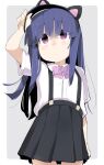  1girl animal_ears black_skirt blue_hair border cat_ears cowboy_shot dress_shirt fake_animal_ears furude_rika grey_background highres higurashi_no_naku_koro_ni long_hair looking_up purple_neckwear sala_mander shirt short_sleeves skirt solo suspender_skirt suspenders two-tone_background violet_eyes white_border white_shirt 