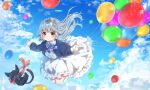  1girl balloon black_cat blue_bow blue_sky bow cat clouds clover_hair_ornament day dress full_body grey_hair hair_ornament highres long_hair long_sleeves michiru_donut midair original outdoors pink_eyes sky solo white_dress 