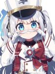  bag blue_archive blue_eyes blush cherino_(blue_archive) emblem fake_facial_hair fake_mustache gloves hair_between_eyes hair_ornament highres long_hair looking_at_viewer portrait school_uniform silver_hair simple_background smile solo v1girl wagashi928 white_background 