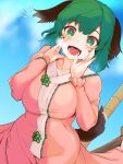  1girl animal_ears bamboo_broom blue_sky blush breasts broom clouds commentary_request day dress eyebrows_visible_through_hair green_eyes green_hair hekiga_(freelot) highres kasodani_kyouko large_breasts long_sleeves open_mouth pink_dress short_hair sky smile solo tail tail_wagging teeth touhou 