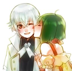  1boy 1girl ahoge cheek_kiss closed_eyes crossover green_hair isana_yashiro k_(anime) kimidori_(kimidoriri) kiss macross macross_frontier one_eye_closed ranka_lee red_eyes short_hair silver_hair 