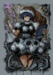  1girl 2b-ge abstract_background black_dress blue_eyes blue_hair book doremy_sweet dress hand_up hat highres holding holding_book looking_at_viewer nightcap open_mouth pom_pom_(clothes) red_headwear short_hair short_sleeves smile smug solo standing tail touhou 