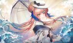  a0lp arknights blush bow ceylon_(arknights) dress feathers gloves hat highres long_hair looking_at_viewer pink_hair sky smile solo umbrella water waves yellow_eyes 