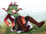  1girl adapted_costume black_legwear boots breasts brown_footwear closed_eyes commentary_request cross-laced_footwear day dress frills front_ponytail grass green_hair kagiyama_hina knees_up long_hair open_mouth outdoors pantyhose red_dress shirosato sitting small_breasts solo thighband_pantyhose touhou upskirt 