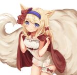  1girl :3 animal_ears blonde_hair blush bow cape closed_mouth commentary commission cowboy_shot dress english_commentary fox_ears fox_tail hair_bow hairband hands_up klaius large_tail long_hair looking_at_viewer original purple_hairband red_bow red_cape short_dress simple_background smile solo tail thigh_strap violet_eyes white_background white_dress 