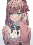  1girl :3 ao_312 badge bangs beret blouse blue_eyes breasts brown_hair ears eyebrows_visible_through_hair hair_between_eyes hair_ornament hair_ribbon hand_up hat long_hair looking_at_viewer medium_breasts nijisanji pin ribbon simple_background smile solo suzuhara_lulu sweater virtual_youtuber white_background 