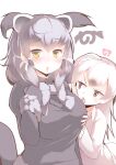  2girls absurdres animal_ears binturong_(kemono_friends) black_gloves black_hair black_shirt black_sweater blush bow bowtie breasts brown_eyes collared_shirt commentary_request dress_shirt eyebrows_visible_through_hair fur-trimmed_sleeves fur-trimmed_sweater fur_trim gloves grey_bow grey_neckwear hair_between_eyes hand_on_own_chest hands_on_another&#039;s_chest highres kanzakietc kemono_friends large_breasts long_hair long_sleeves looking_at_another looking_at_viewer multiple_girls open_mouth shirt stoat_(kemono_friends) sweater tail upper_body white_background white_hair white_shirt white_sweater yellow_eyes 
