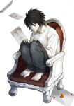  1boy bangs barefoot black_eyes black_hair chair death_note grey_pants hair_between_eyes hands_on_own_knees highres l_(death_note) long_sleeves male_focus misogu-san pants shirt short_hair simple_background solo white_background white_shirt 