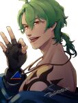  1boy artist_name bazhuatako black_gloves brown_eyes fingerless_gloves gloves green_hair hand_up highres jewelry joe_(sk8) long_hair male_focus necklace off_shoulder ponytail shoulder_tattoo simple_background sk8_the_infinity solo tattoo upper_body white_background 