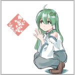  1girl 5alive :o ahoge bare_shoulders blue_skirt brown_footwear collared_shirt commentary_request detached_sleeves dress_shirt eyebrows_visible_through_hair fingers_together framed frog_hair_ornament green_eyes green_hair hair_between_eyes hair_ornament hair_tubes hands_together kochiya_sanae long_hair long_skirt looking_to_the_side shirt skirt sleeveless sleeveless_shirt snake_hair_ornament solo squatting touhou two-tone_shirt white_background white_shirt 