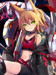  1girl animal_ear_fluff animal_ears bare_shoulders black_choker black_jacket black_shirt black_shorts blonde_hair choker close-up crop_top crop_top_overhang fox_ears fur_trim green_eyes jacket kokonoe_tsubaki long_hair long_sleeves looking_at_viewer midriff navel off_shoulder one_side_up open_clothes open_jacket original red_shirt shirt short_shorts shorts sleeveless sleeveless_shirt solo stomach strap yoshizawa_tsubaki 